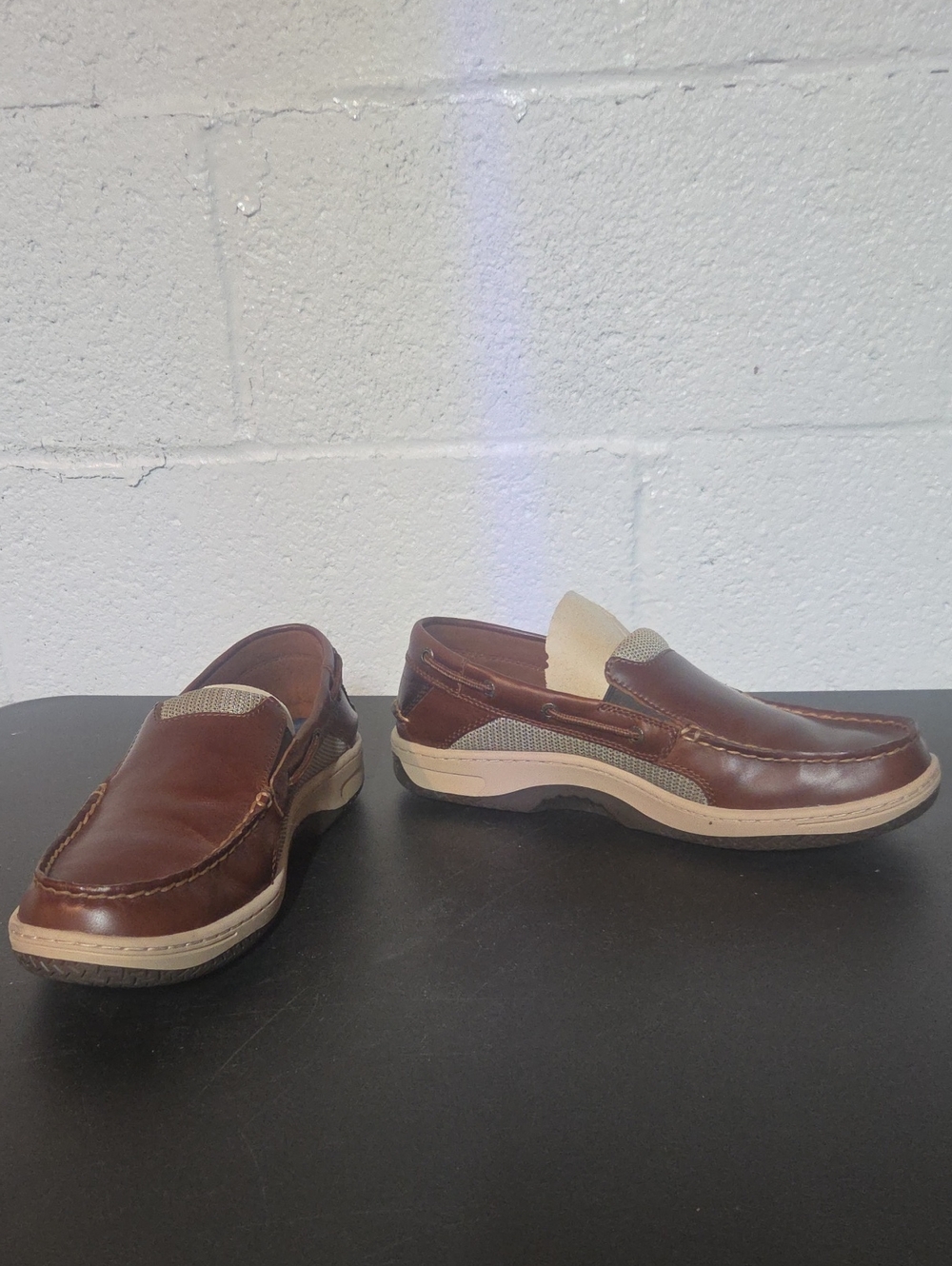 Sperry Brown Leather Slip-On Boat Shoes with Cream Accents